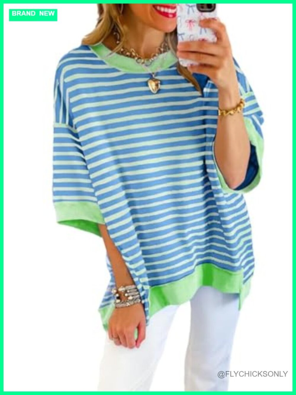 Oversized Striped Crewneck Sweatshirt Pullover Top Short Sleeve